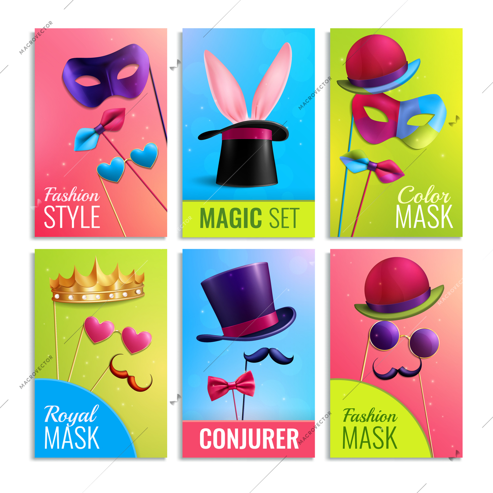 Photobooth cards set with masks and hats realistic isolated vector illustration