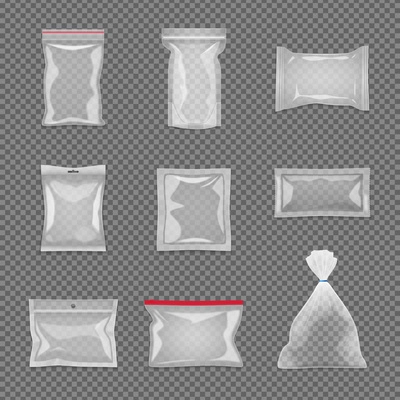 Realistic transparent package set in different shape isolated vector illustration