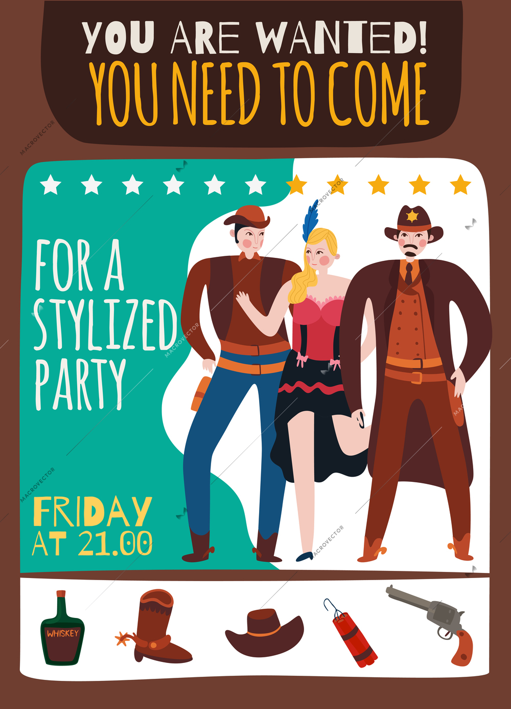 Wild west cowboy poster with hand written style text description and isolated icons of vintage accessories vector illustration