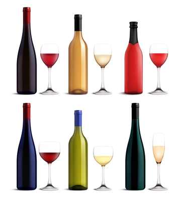 Wine and glass realistic set with red pinkand white wine isolated vector illustration