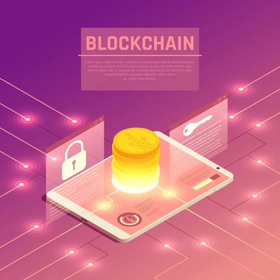 Blockchain cryptocurrency isometric composition with wired electrodes and tablet with stack of coins and lock signs vector illustration