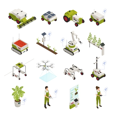 Agriculture automation smart farming icons collection with sixteen isolated images with people plants and equipment tools vector illustration