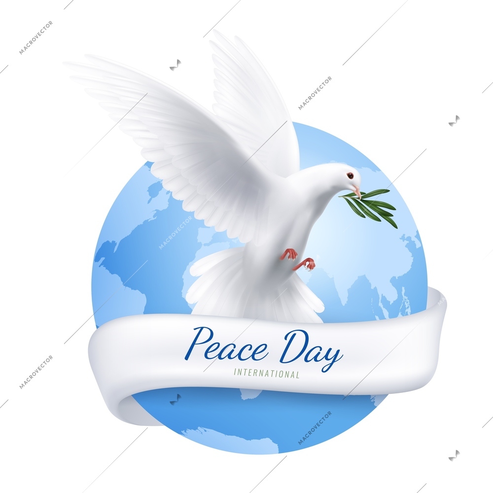 White dove emblem with peace day symbols realistic vector illustration