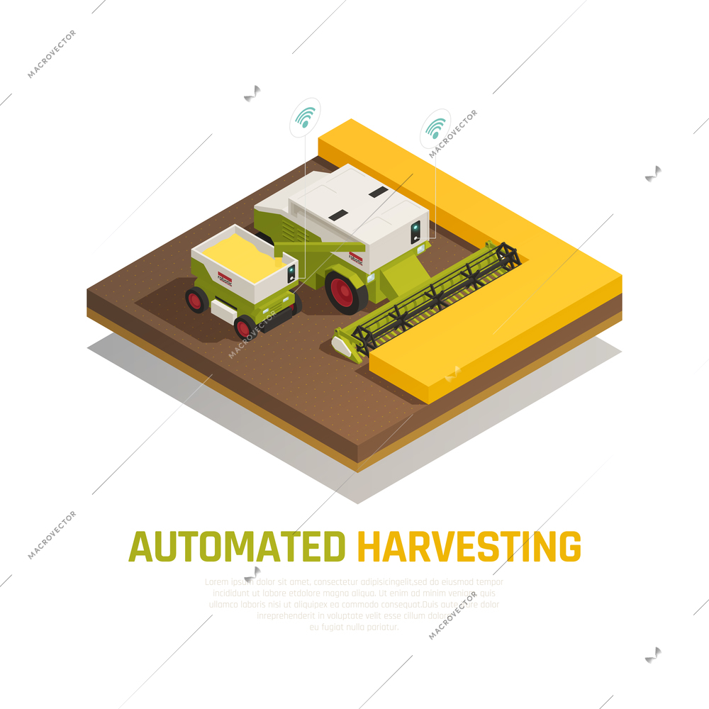 Agriculture automation smart farming composition with editable text and images of combined harvester thresher in field vector illustration