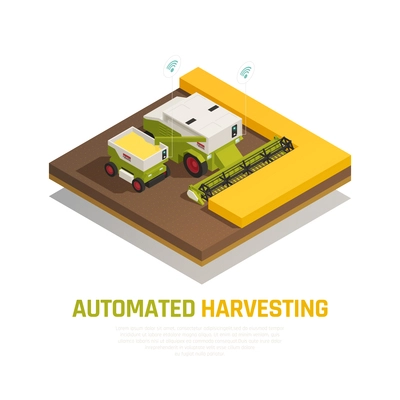 Agriculture automation smart farming composition with editable text and images of combined harvester thresher in field vector illustration