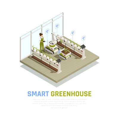 Agriculture automation smart farming composition with indoor view of modern hothouse with robotic drones and personnel vector illustration