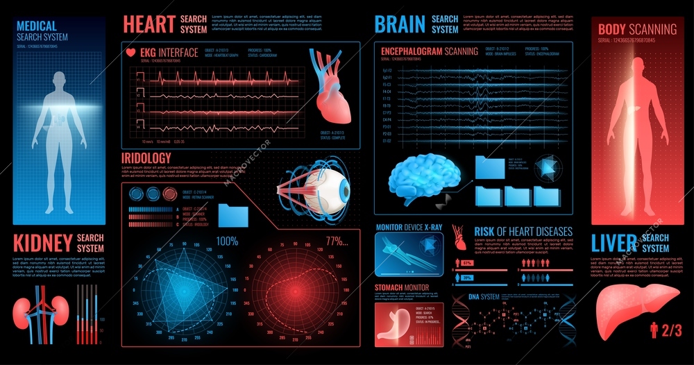 Medical dark interface elements with brain kidney and heart search system symbols flat isolated vector illustration