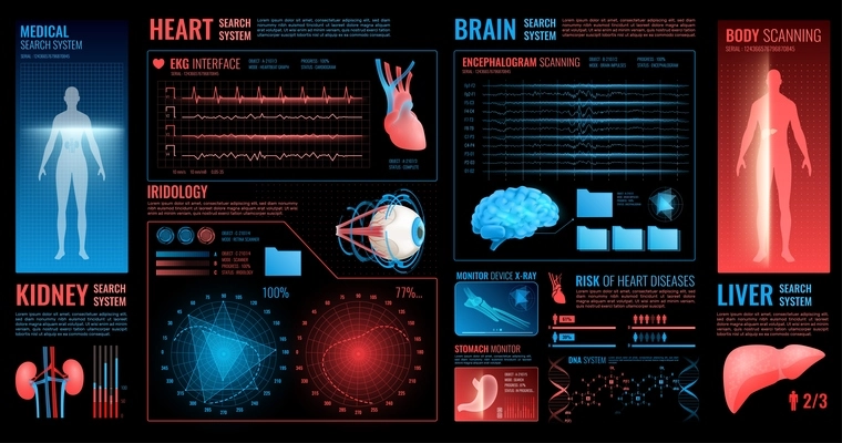 Medical dark interface elements with brain kidney and heart search system symbols flat isolated vector illustration