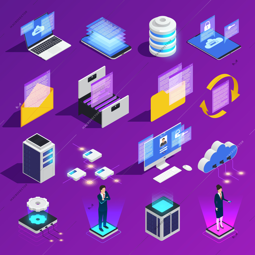Cloud office glow isometric icons collection of sixteen isolated compositions human characters and electronic equipment images vector illustration