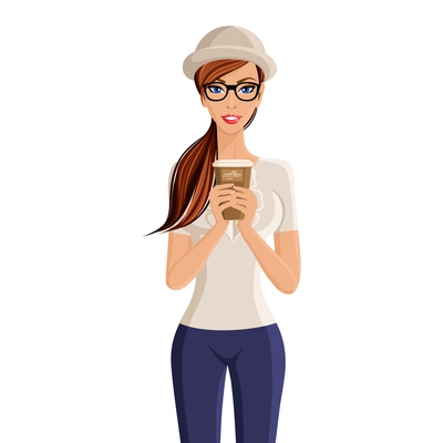 Young woman hipster girl holding coffee cup portrait isolated on white background vector illustration