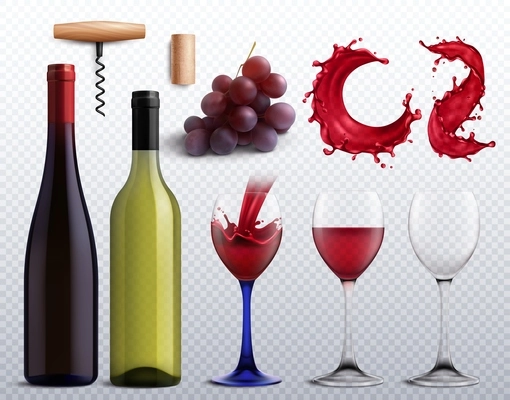 Wine realistic transparent set with grapes and glass isolated vector illustration
