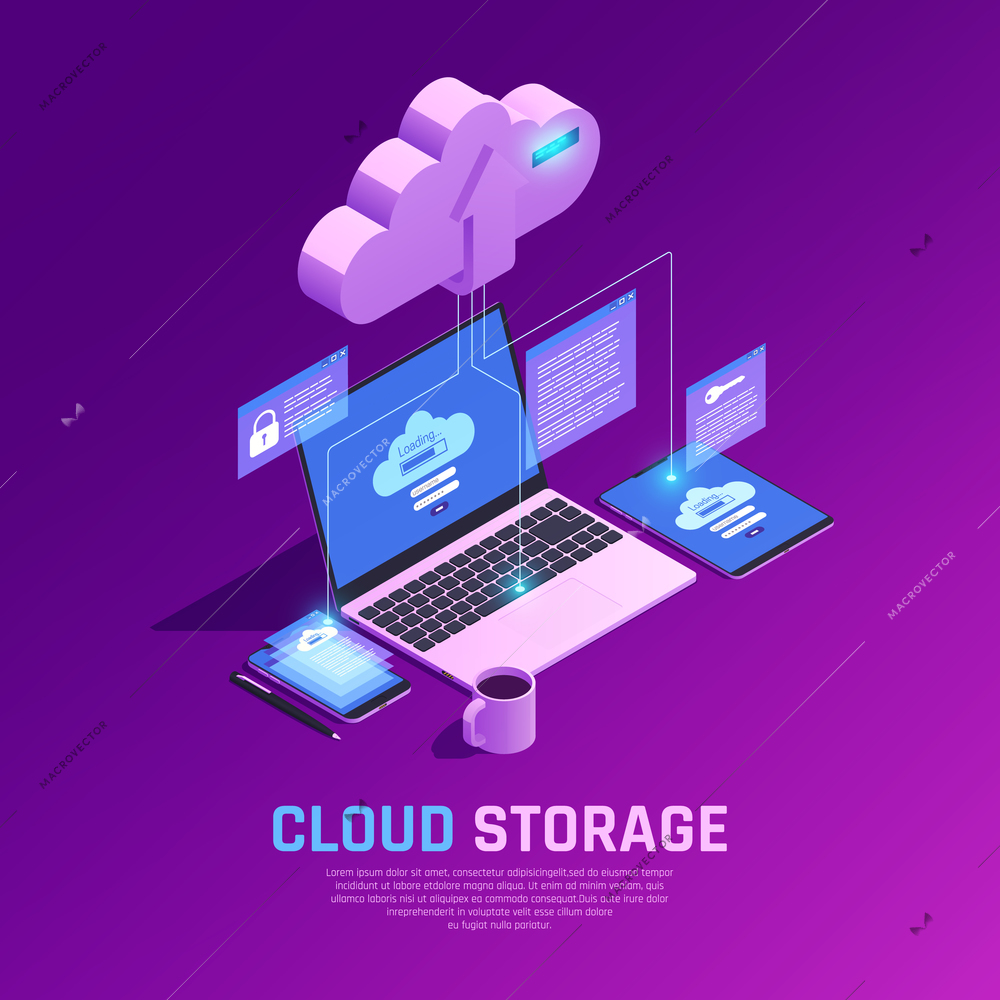 Cloud office glow isometric composition with pictograms connected with displays touch screens and gadgets with text vector illustration