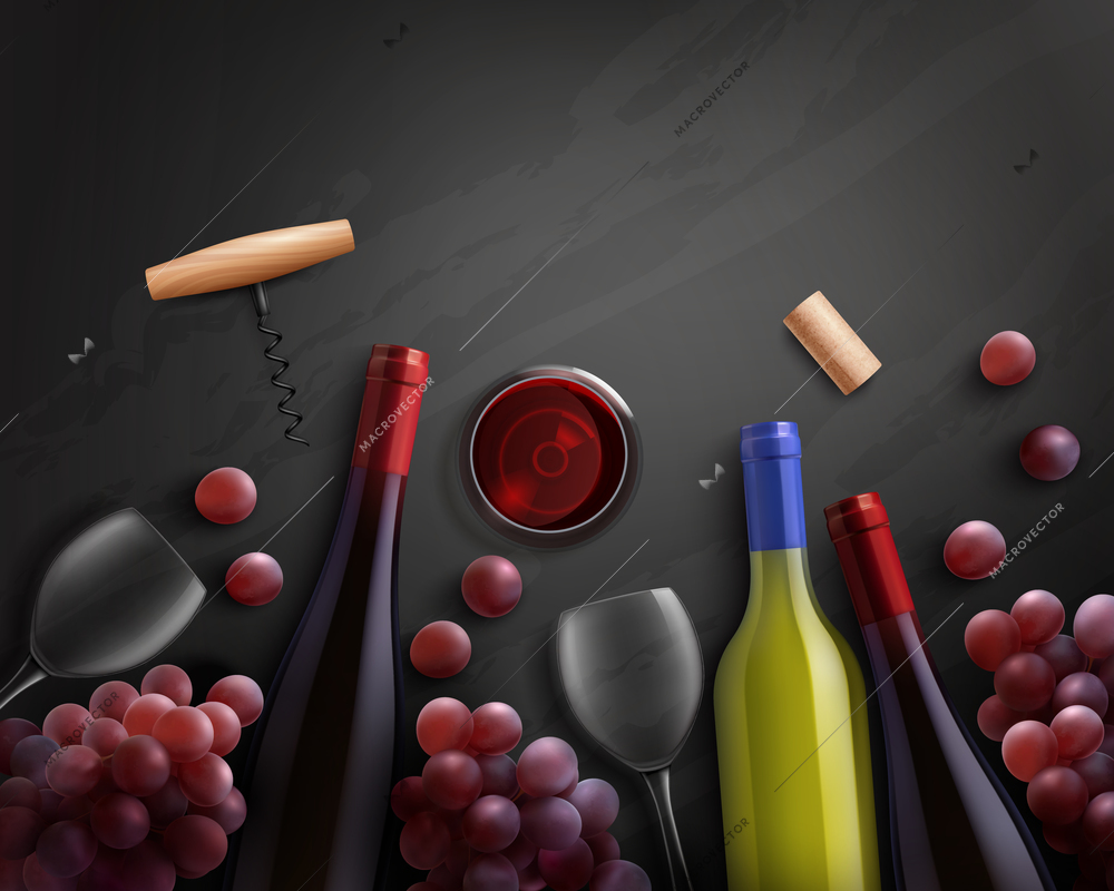 Wine realistic composition with red and white wine and grapes vector illustration