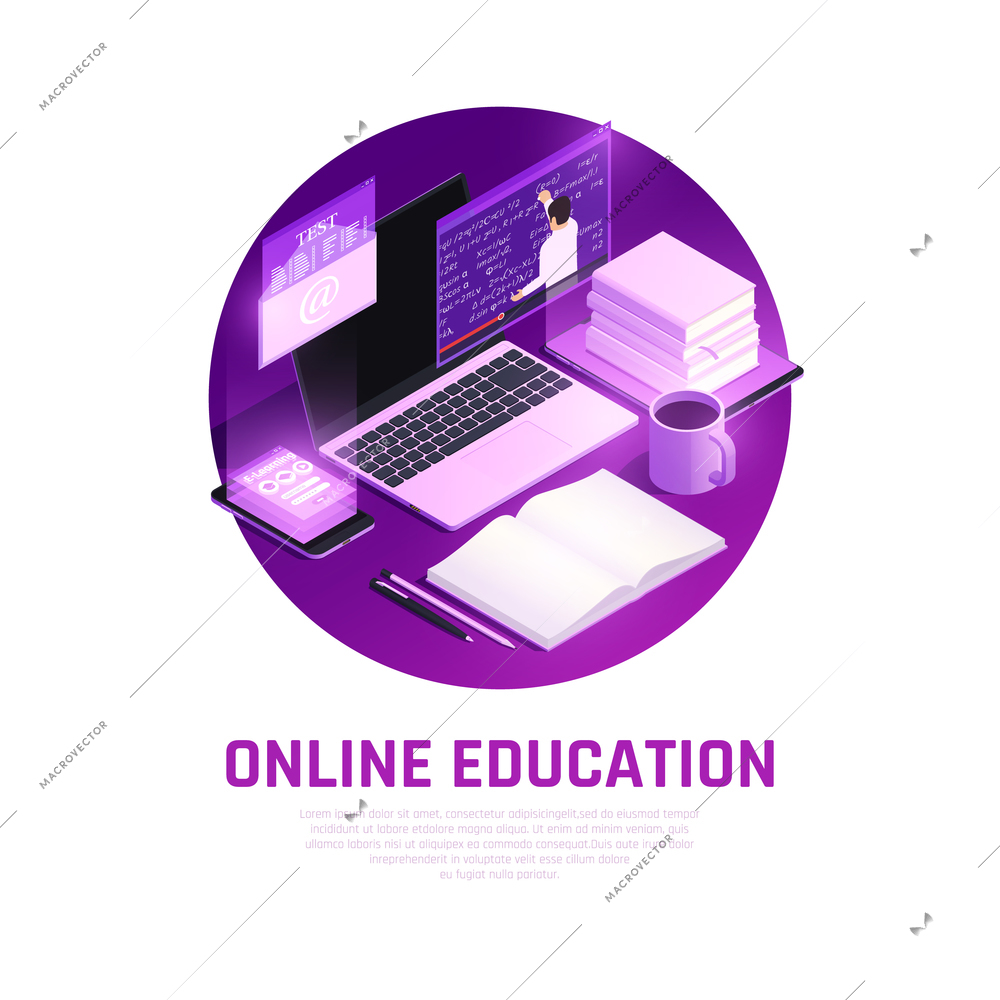 Online education glow isometric background with round composition of students workspace elements with editable text description vector illustration