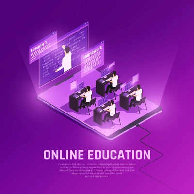 Online education glow isometric composition with view of hi tech anvironment with people computers and teacher vector illustration