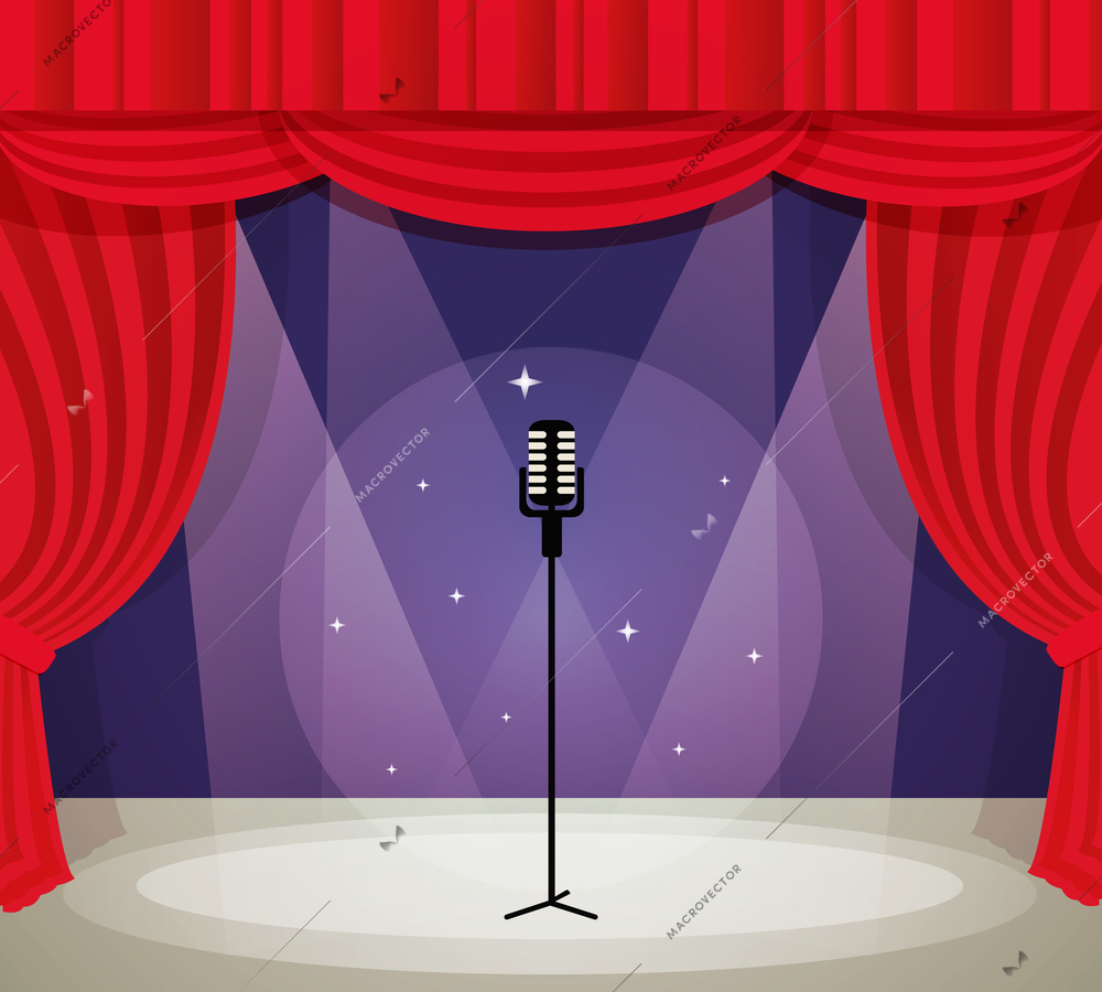 Stage with microphone in spotlight with red curtain background vector illustration.