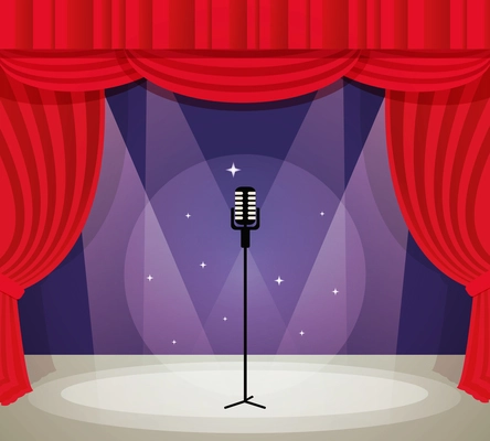 Stage with microphone in spotlight with red curtain background vector illustration.