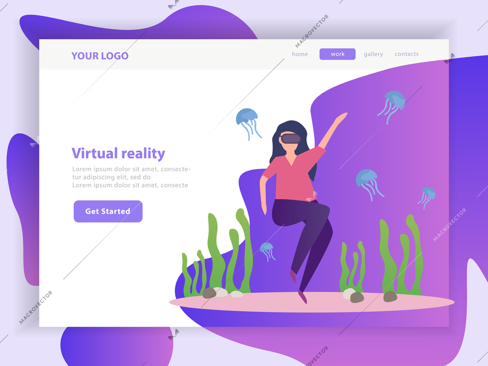 Virtual app-enabled augmented reality underwater experience with seaweeds and jellyfish landing page orthogonal composition vector illustration