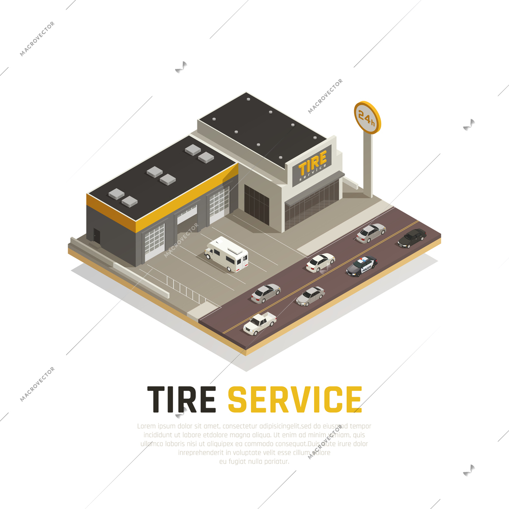 Tire production service isometric background composition with images of cars and tyre shop building vector illustration