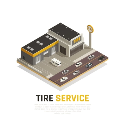 Tire production service isometric background composition with images of cars and tyre shop building vector illustration