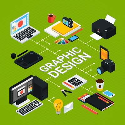 Isometric graphic design infographics with various objects for work such as computer swatches printer tablet pencil 3d vector illustration