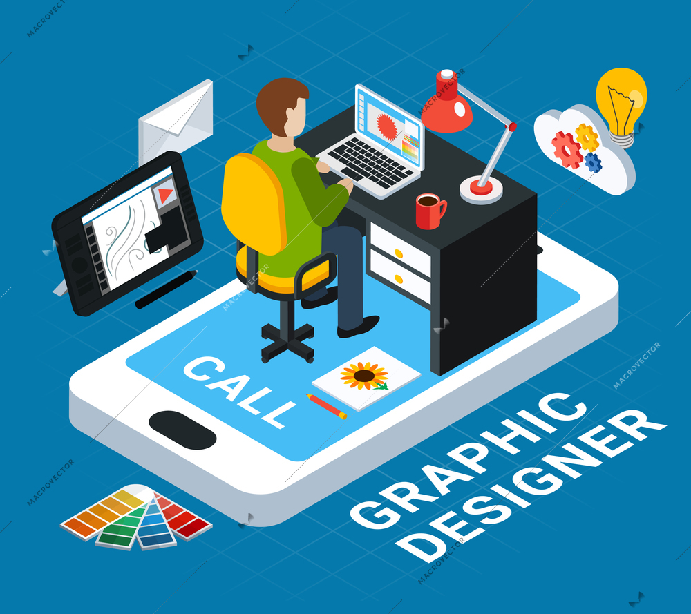 Colorful graphic design concept with designer at his workplace on blue background 3d vector illustration