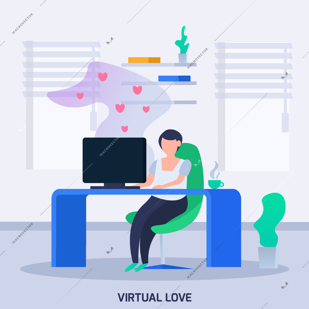 Virtual love dating orthogonal composition with girl behind computer chatting receiving messages with heart symbols vector illustration