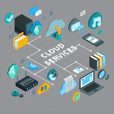 Cloud service technology flowchart with tools for file storage on grey background 3d isometric vector illustration