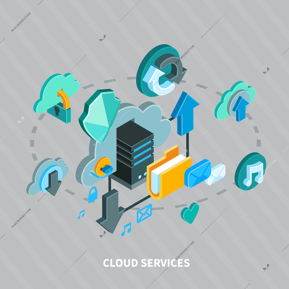 Cloud services and secure file storage isometric concept on grey background 3d vector illustration