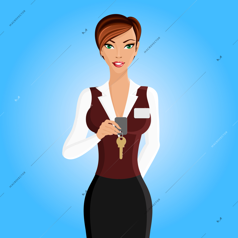 Beautiful woman in hotel receptionist uniform with key portrait isolated on white background vector illustration