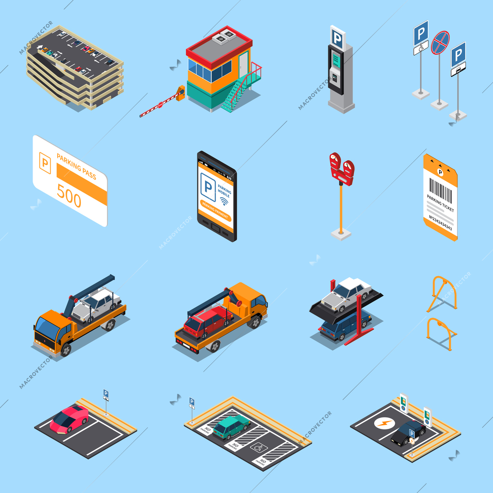 Parking lots facilities isometric icons set with multilevel garage pass ticket and tow truck isolated vector illustration