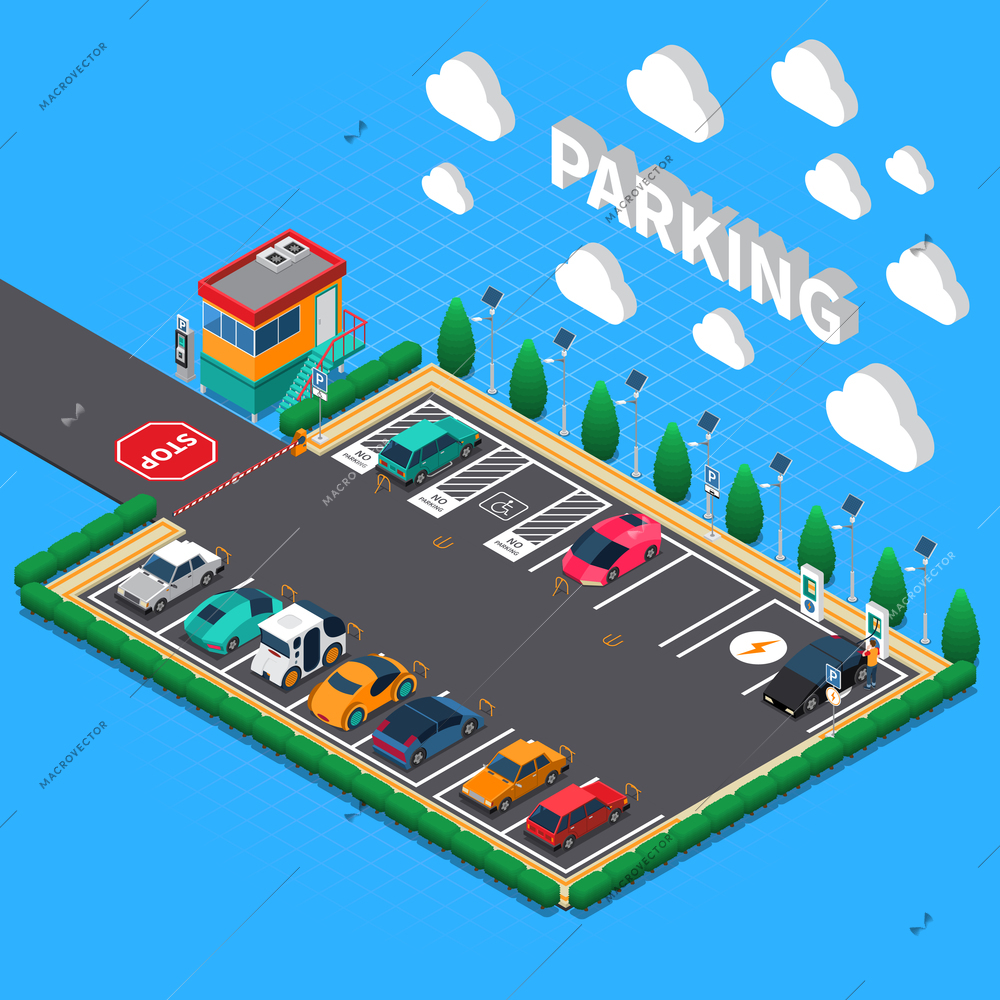 Perpendicular parking lot with plug in electric vehicles ecological charging stalls attendant booth isometric composition vector illustration