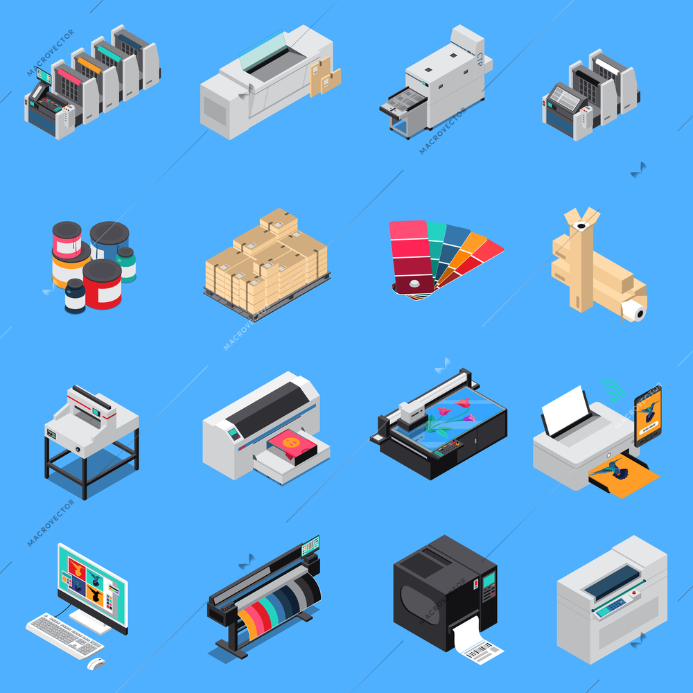 Printing house equipment production isometric icons set with digital technology and offset press devices isolated vector illustration