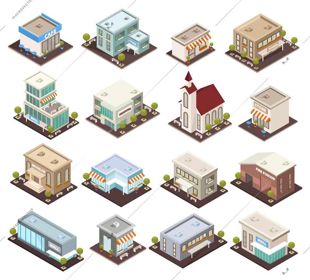 Urban architecture historical and modern public buildings isometric icons set with museum cafe hospital isolated vector illustrations