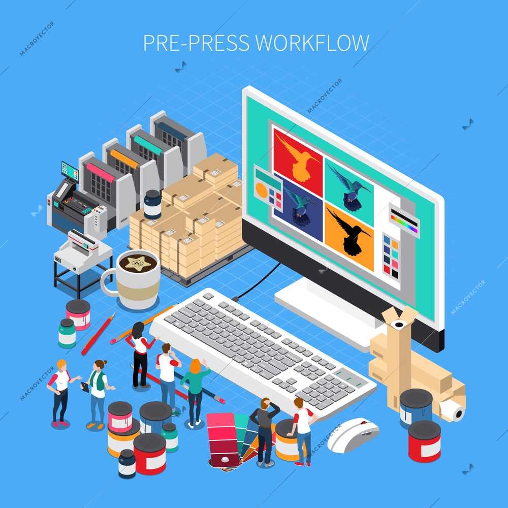 Printing house isometric composition with digital prepress workflow technology software design on desktop computer monitor vector illustration