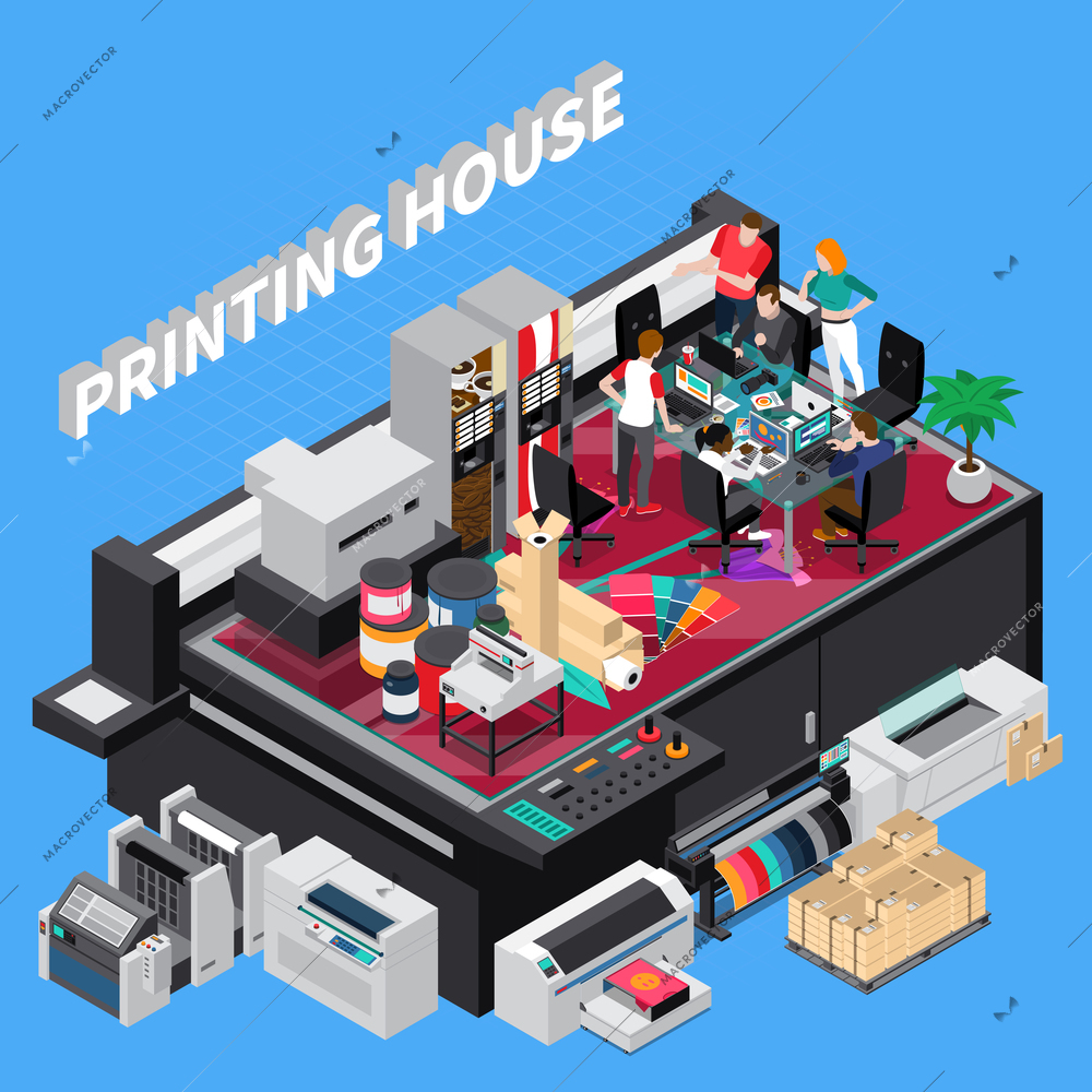Digital print house with latest technology designers team providing solutions for customers projects isometric composition vector illustration