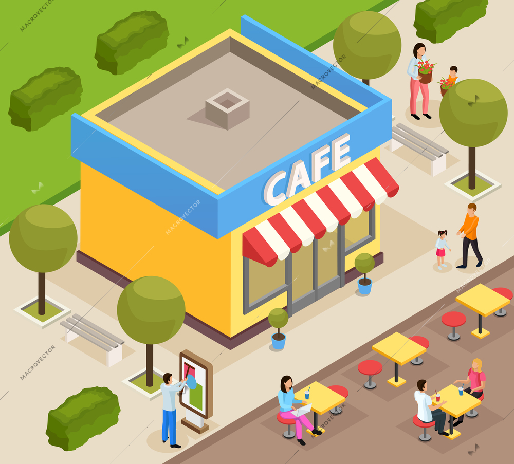 Urban architecture isometric composition with small cafe building exterior with outdoor terrace tables and customers vector illustration