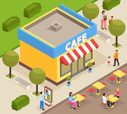 Urban architecture isometric composition with small cafe building exterior with outdoor terrace tables and customers vector illustration