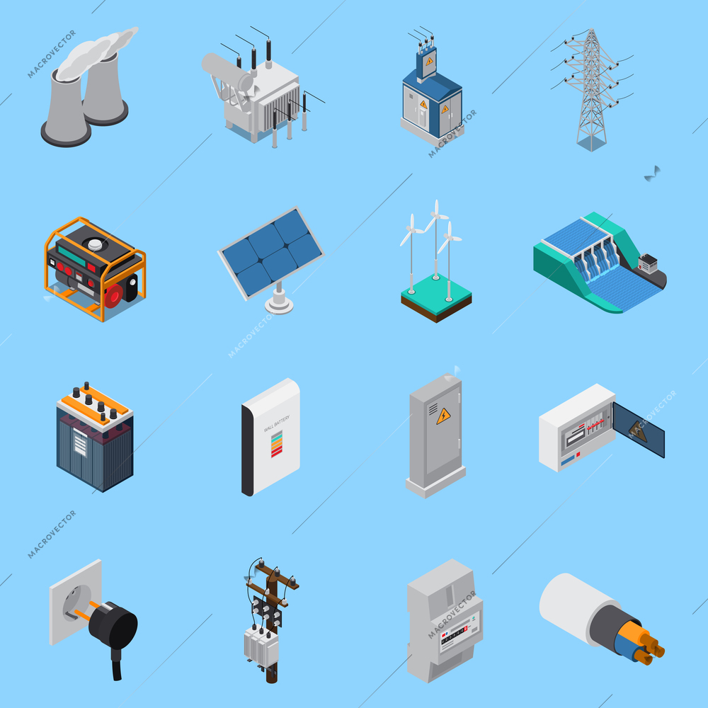 Electricity isometric icons set with cable solar panels wind hydro power generators transformer socket isolated vector illustration