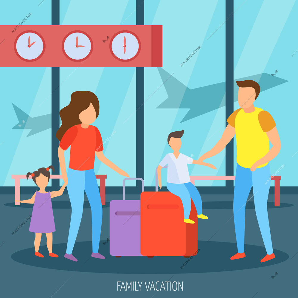 Family vacation travel orthogonal background poster with father mother children and luggage in airport hall vector illustration