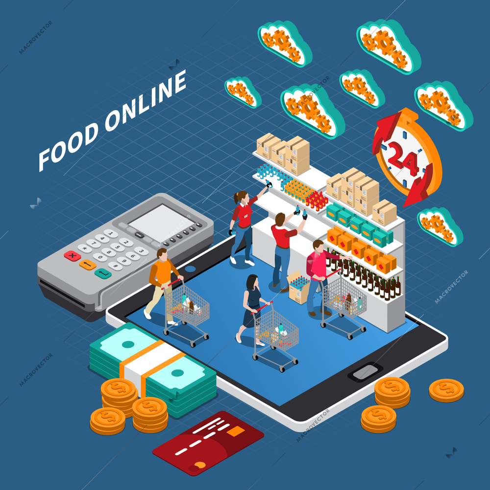 E-commerce grocery shopping isometric composition with customers buying food online with credit card payment terminal vector illustration