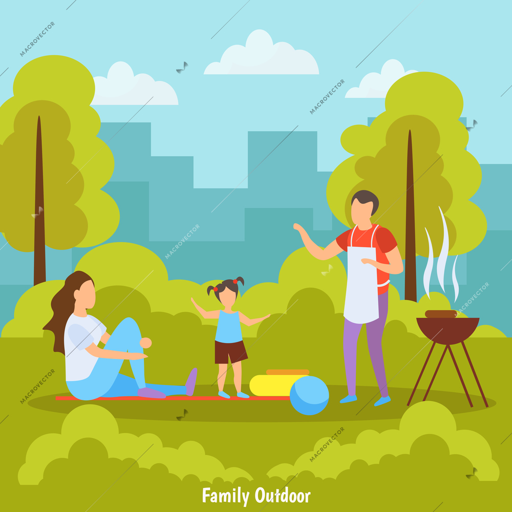 Family summer outdoor activities orthogonal composition with barbecue picnic in park with city skyline background vector illustration