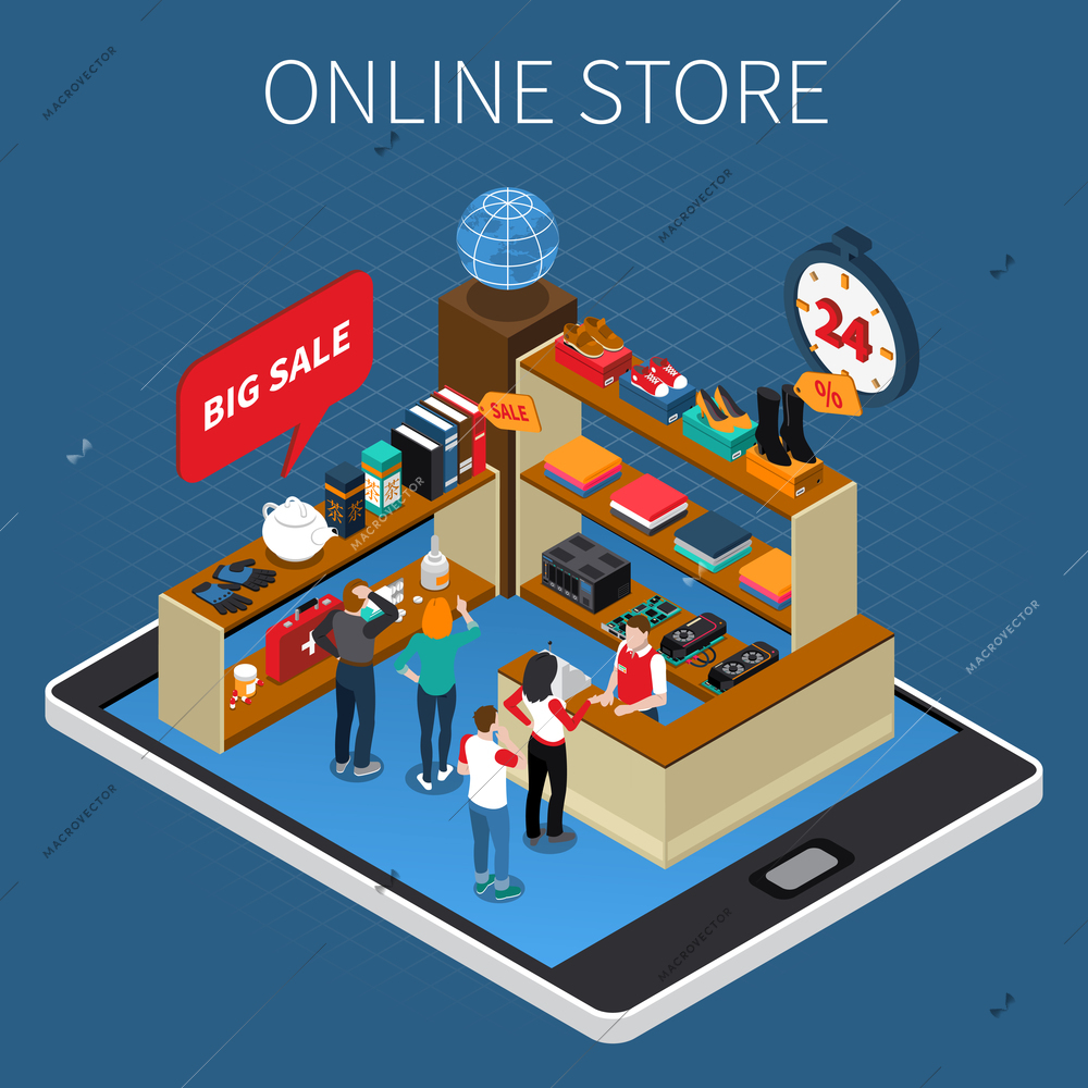 Mobile shopping e-commerce isometric composition with online store big sale event on tablet screen vector illustration