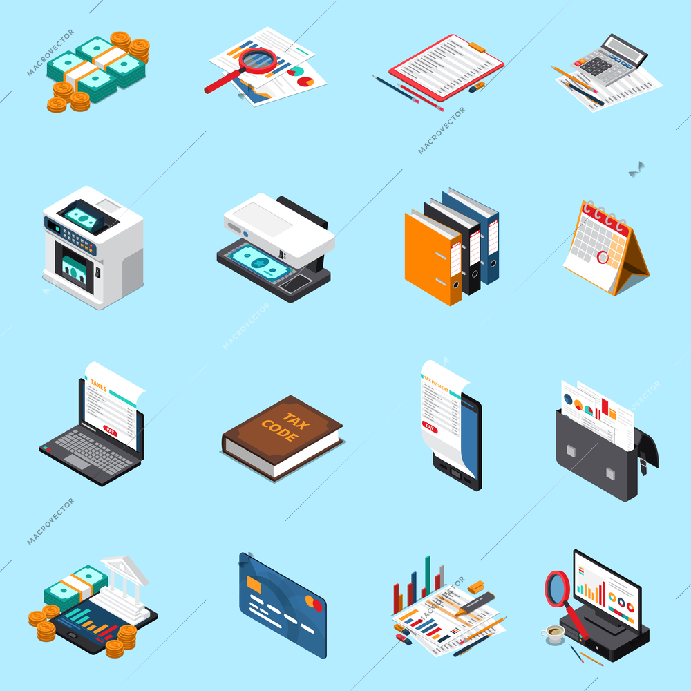 Accounting tax isometric icons collection with financial statements credit card calculator cash counting machine isolated vector illustration