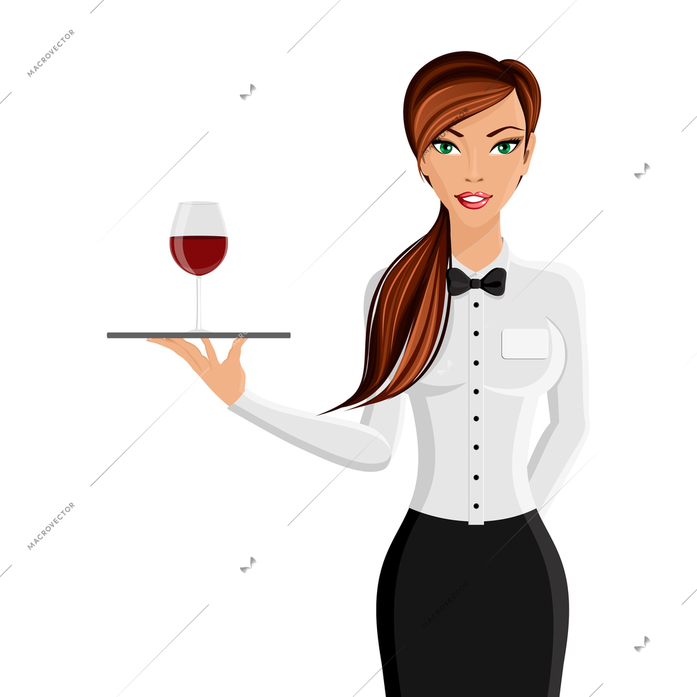 Cheerful sexy girl restaurant waiter with tray and wine glass portrait isolated on white background vector illustration