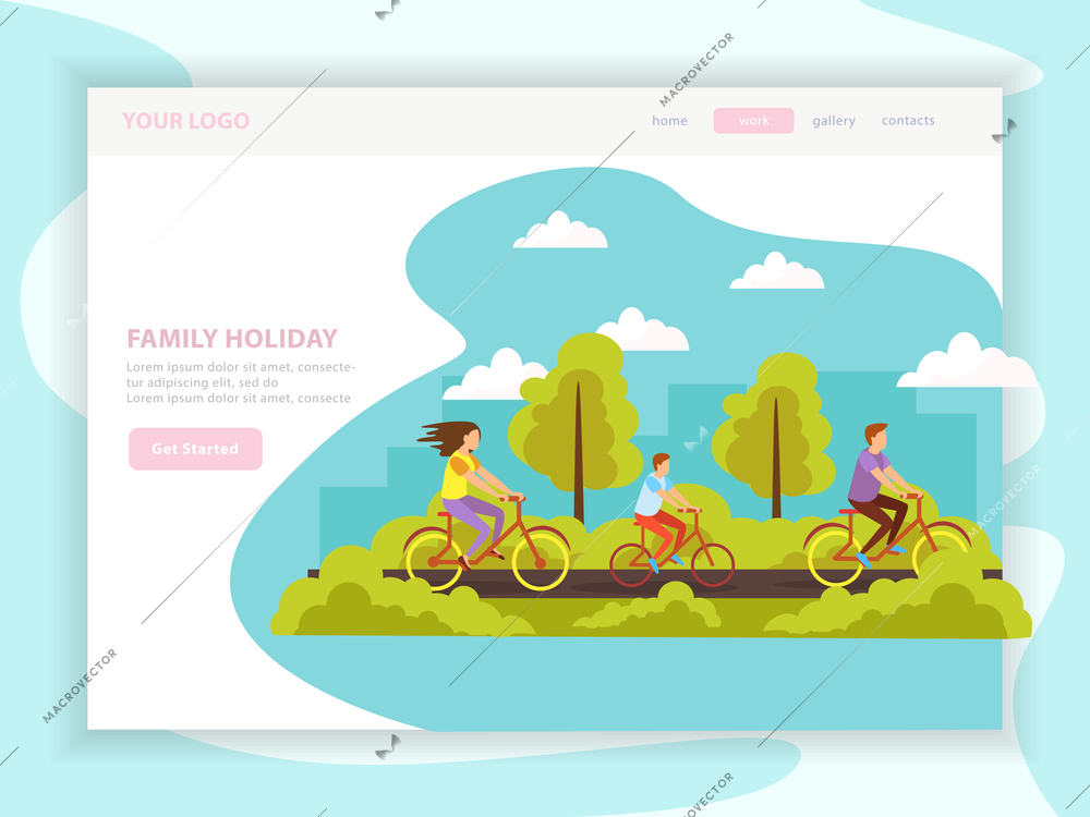 Family summer holidays vacation outdoor activity planning orthogonal web landing page design with cycling tour vector illustration