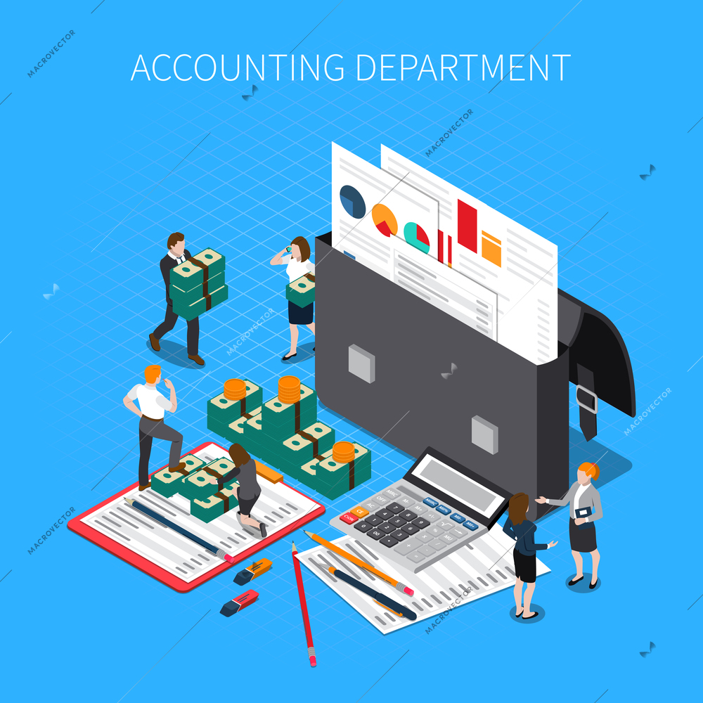 Accounting department isometric composition with financial documents folders reports statements tax calculator cash banknotes staff vector illustration