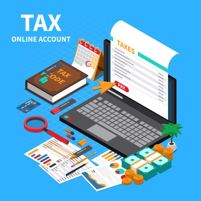 Tax statement on web isometric composition with laptop screen online account code specifications handbook payment vector illustration