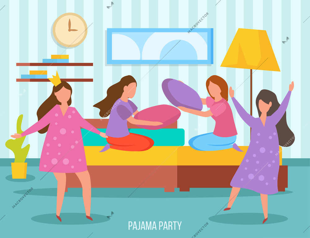 Girls friendship sleepover orthogonal composition with young ladies dancing and  pillow fight at pajama party vector illustration