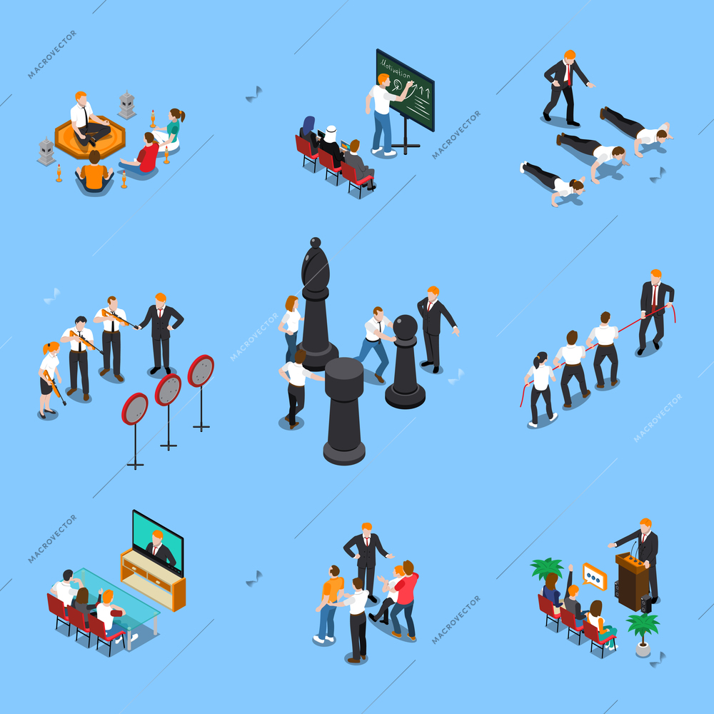 Business coaching elements people symbols isometric set with motivation goals setting planning training seminars isolated vector illustration